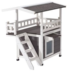 Outdoor Cat House, 2-Story Wooden Cat Shelter with Stairs & Balcony, Elevated Feral Kitty Shelter, Spacious Room